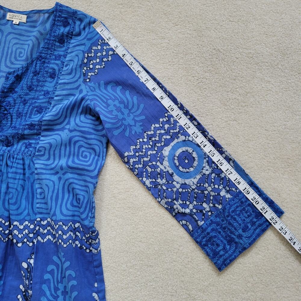 EUC Novica M Embroidered Tunic Dress Tassel Midi/Mini Boho Beachy Cruise Blue - Picture 13 of 16